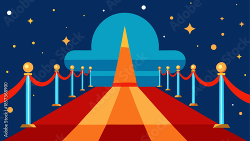 3D illustration of a luxury red carpet entrance with stars on a blue background for a Hollywood movie premiere gala or VIP celebrity award celebration