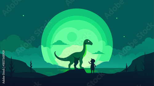 Vector illustration of a silhouette girl in the night landscape with a moon and stars above wild deer and a giraffe near a tree