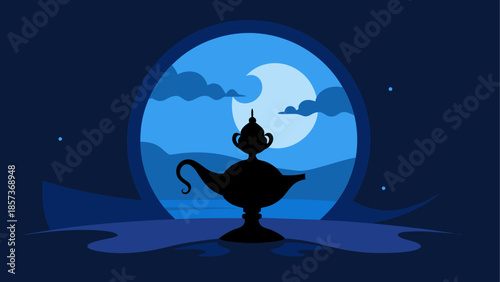 Spooky Halloween vector illustration of a silhouette of a woman sitting on a crescent moon in a dark night sky with flying bats and a witch on a broom
