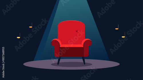 An empty luxury red leather armchair stands as a stylish furniture object in a dark room, featuring a vintage design perfect for comfortable home interior decor