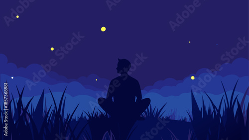 A romantic silhouette of a love couple sitting on the grass under a blue night sky with a full moon and glowing stars in a dark vector landscape illustration