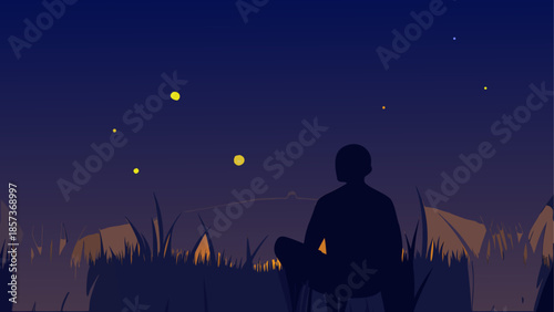 Romantic vector illustration of a couple in a dark night scene with moon and stars featuring a silhouette of love against a blue moonlight sky and summer landscape tree