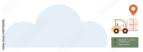 Cloud overlay with forklift carrying stacked goods, location marker, checklist. Ideal for logistics, supply chain, cloud computing, delivery, warehouse management technology efficiency. Simple flat