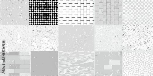 A collection of grayscale textures dots weaves brickwork and fragmented patterns