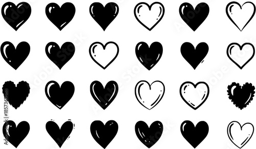 Vector Illustration of Black  White Heart Icons Collection: Hand-drawn, Glyph, and Outline Love Symbols for Romance, Valentine's Day, and Design Elements