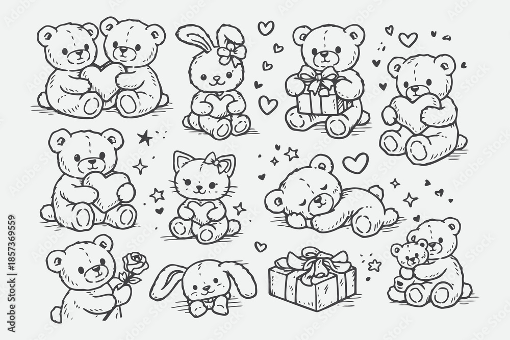 Obraz premium Hand Drawn Teddy Bear and Plush Toy Valentine Icon Set in Sketch Style