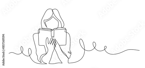 Continuous line art of a woman holding and reading an open book for education and knowledge