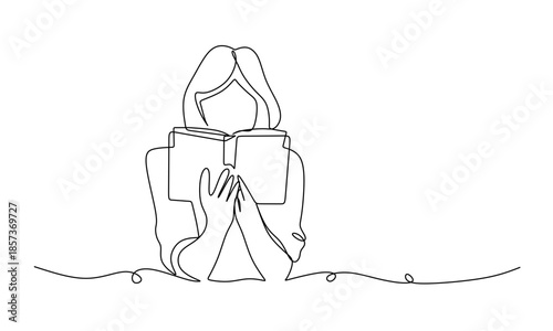 Continuous line art of a woman holding and reading an open book for education and knowledge