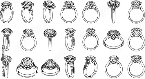 Detailed Black and White Line Art Illustration of Various Diamond Engagement Rings and Wedding Bands. Collection of Outline Jewelry Designs for Wedding, Engagement, and Luxury Fashion Niche.
