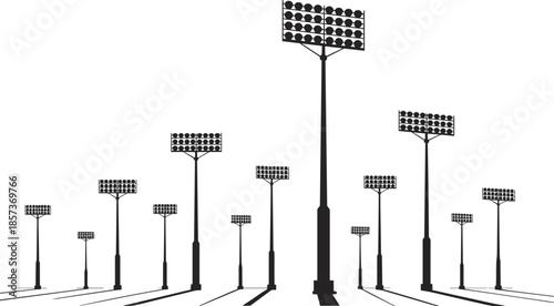 Silhouettes of stadium floodlights with long shadows on a white background Keywords: floodlight, stadium light, spotlight