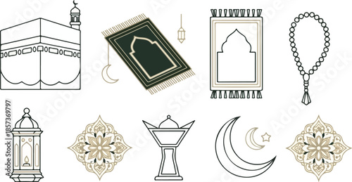 Flat lay of various Islamic Ramadan icons and symbols on a white background with a mix of gold and black line drawings.