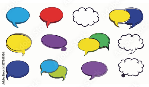 Colorful hand drawn speech bubble vector collection with doodle style chat elements isolated on white
