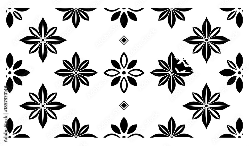 Obraz premium Black and white geometric flower seamless pattern vector for modern textile and wallpaper design
