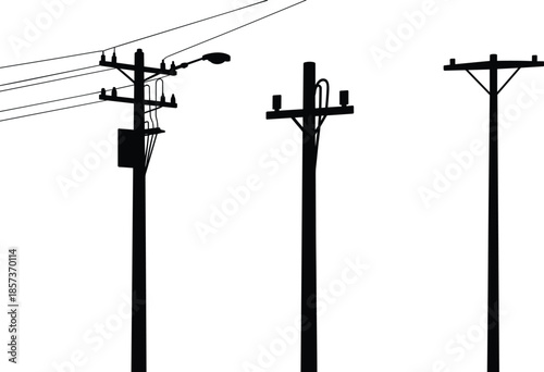 Silhouettes of three utility poles with power lines and a street lamp electricity infrastructure