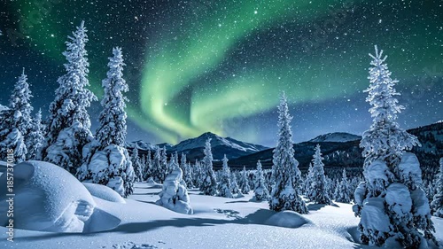 Stunning Aurora Borealis over a Snow-Covered Winter Landscape with Pine Trees and Mountains.