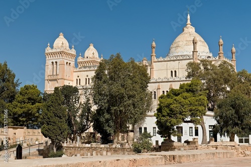 Cathedral of Saint Louis (Acropolium) and Punic Quarter Antique Museum on Byrsa Hill in Carthage city. Tunisia. Africa.