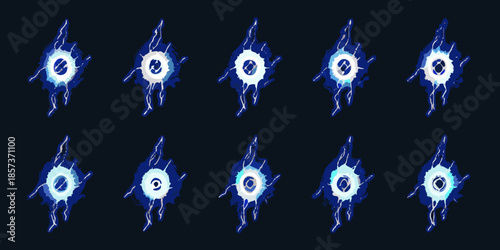 Pixelated blue energy bursts with circular cores and radiating trails