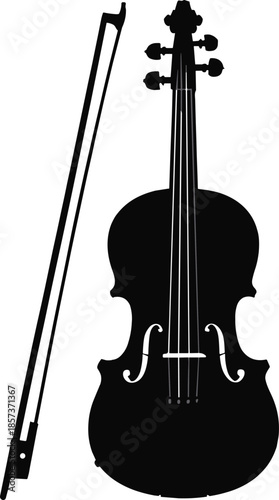 A Detailed Black Silhouette of a Violin Standing Upright with a Bow Leaning Against It, Isolated on a Plain White Background