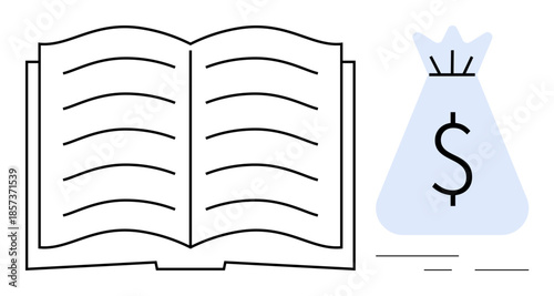 Open book with lined pages adjacent to a money bag displaying a dollar symbol. Concept of education, financial literacy, learning, wealth management, investment, and knowledge-driven success. Ideal