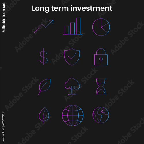 Long term business investment and sustainable growth icon set