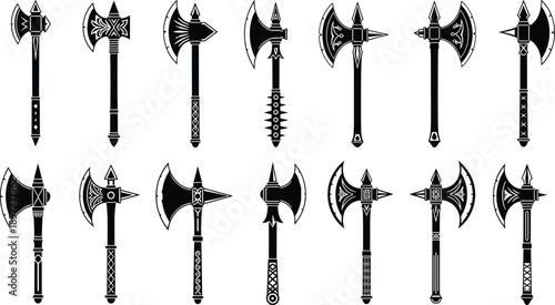 Collection of Medieval Battle Axe Silhouettes Vector Set, Diverse Viking Warrior Weapons, Black and White Fantasy Polearm Designs, W