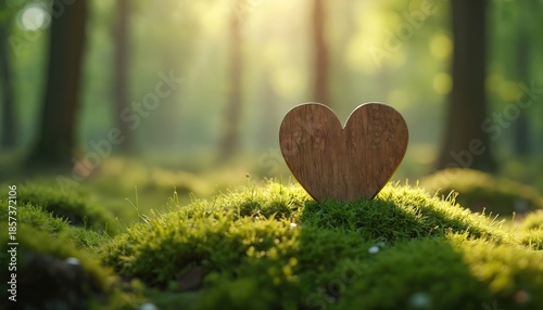 Wooden heart rests on mossy ground in sunlit forest clearing. Green nature background with soft light beams, peaceful woodland memorial scene. Eco burial concept.
