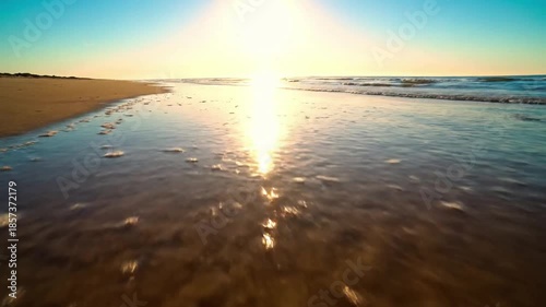 Glistening Beach at Golden Hour: Tranquil Coastal Scenery