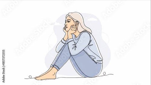 A young woman sitting on the floor with her hands on her face, conveying a sense of contemplation or sadness in a minimalist illustration.