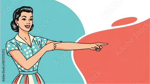 Woman pointing to a blank space in a retro illustration style