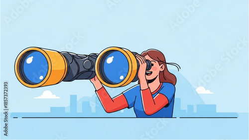Woman observing cityscape through large binoculars on a clear day