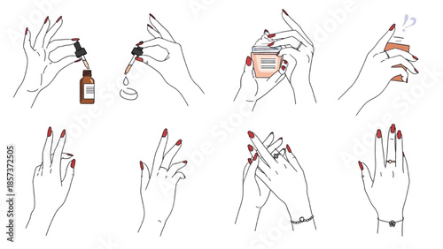 Hands performing nail care tasks, applying polish and cuticle oil in a detailed illustration.
