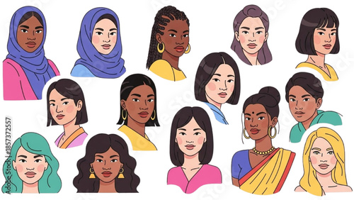 Diverse group of women from different cultures and backgrounds illustrated together