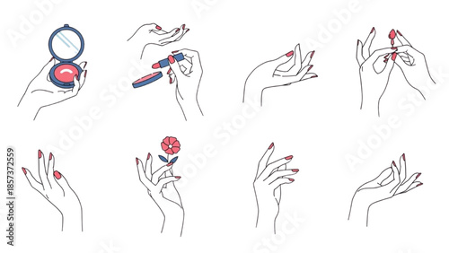 Illustrations of hands applying nail polish in various stages and techniques