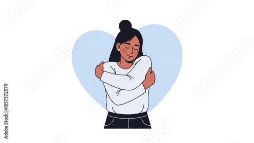 A young woman hugging herself in front of a heart illustration