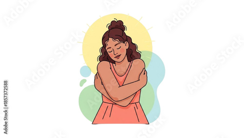 A young woman in a peach dress stands with crossed arms and a thoughtful expression in an abstract background