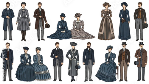 Vintage illustrations of people in formal attire from the 19th century standing and sitting in various poses