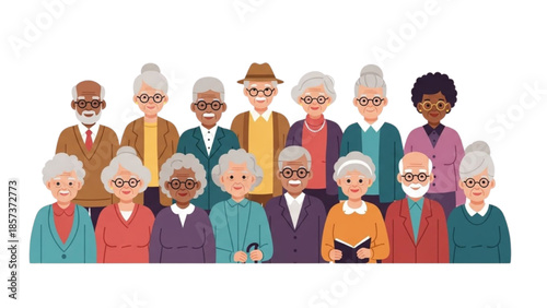 Diverse group of elderly people standing together in a flat illustration style
