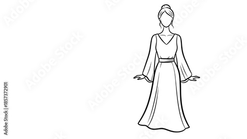 A serene illustration of a woman in traditional attire standing gracefully in a minimalist setting