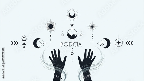 Hands surrounded by celestial mystic symbols in a mystical illustration