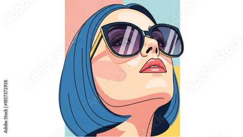 A young woman wearing sunglasses gazes upwards, set against a vibrant pastel background with an illustration style.