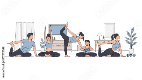 People practicing yoga in a serene home environment with various poses and equipment around them