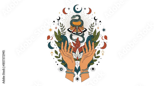 Hands cradling a mystical figure surrounded by foliage and celestial elements in an illustration