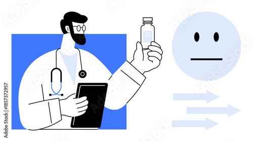 Healthcare, decision-making, medicine distribution, patient communication, treatment planning, and telemedicine. A doctor holding a vial and tablet near a neutral face and arrows. Healthcare