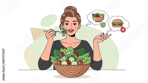 Woman contemplating healthy eating options with fresh salad and tempting alternatives