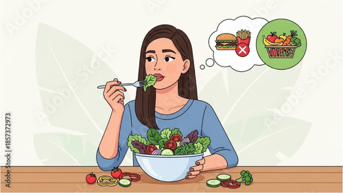 A woman choosing a healthy salad over unhealthy fast food while dining at a table