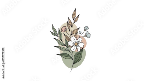 A watercolor illustration of a floral arrangement featuring a white flower, leaves, and buds from a top view.