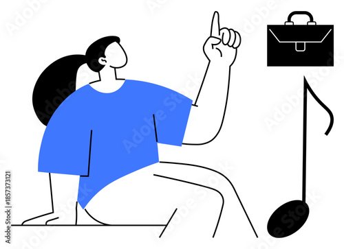 Music industry, business innovation, professional growth, creative expression, work balance, conceptual art. Woman seated with raised finger, musical note and briefcase. Music industry and business