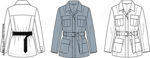 Women's safari jacket technical fashion illustration, long sleeve belted utility coat vector sketch, front and back view CAD mockup template.