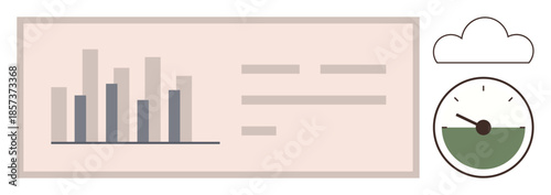 Bar graph alongside text lines in a rectangular window paired with a green timer under a cloud outline. Ideal for data tracking, analytics, performance measurement, productivity monitoring, planning