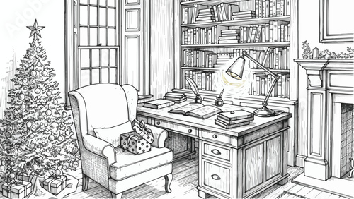 Classic home office interior with a lit desk lamp and a snowy window view